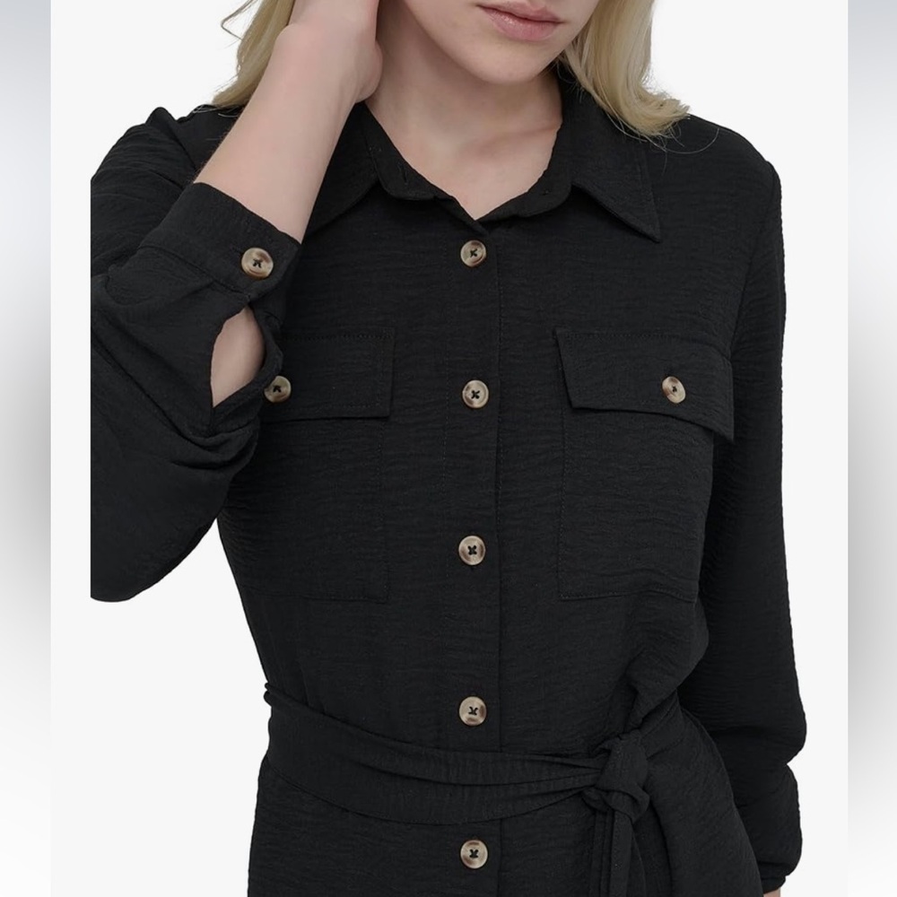 NWT DKNY Dress size 4 Black Women's Long Sleeve Collared Tie Waist Midi - Picture 5 of 7